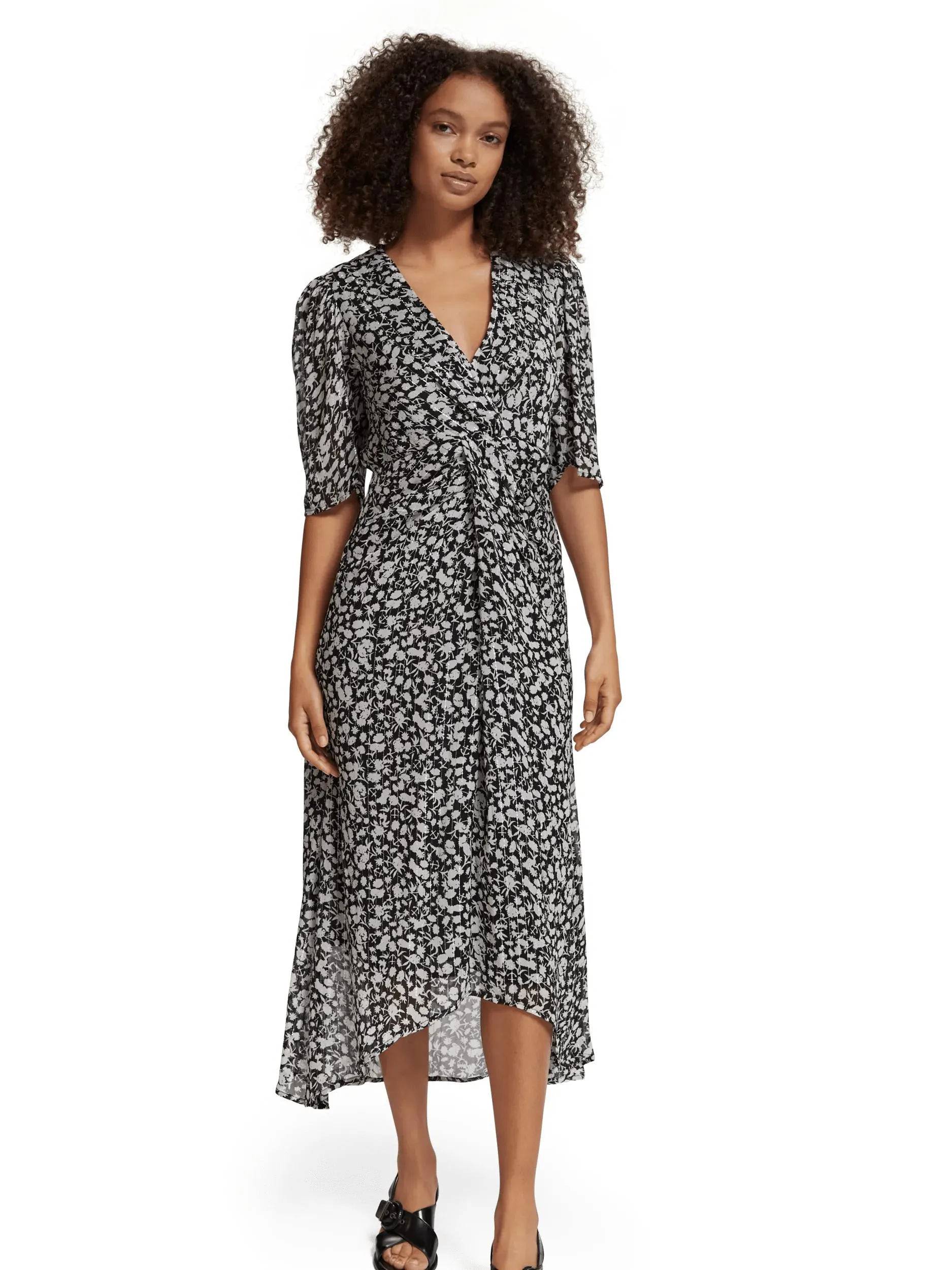 Floral midi dress with draped knot detail