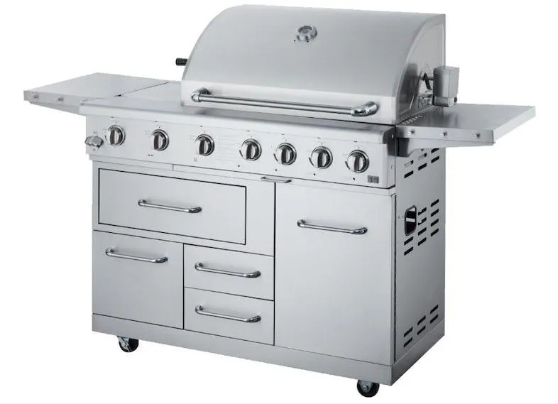 METRO Professional Gasgrill, roestvrij staal, 182 x 66 x 125 cm, inclusief zijtafels, verrijdbaar, met remmen, zilver