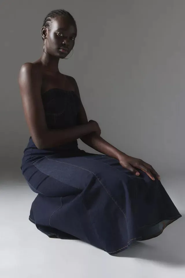 Silence + Noise Trinity Denim Strapless Midi Dress