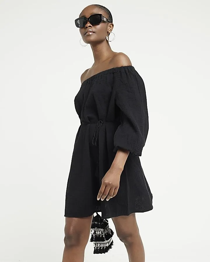 Black textured belted bardot mini dress