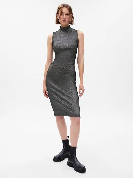 Metallic Mockneck Midi Dress
