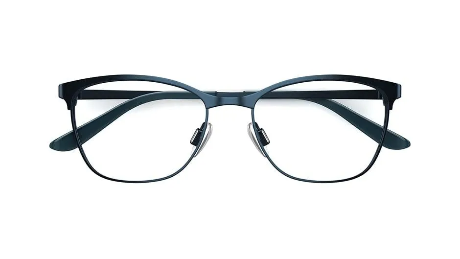 Smart teacup-shaped glasses in navy-blue stainless steel. Finished with comfortable acetate plastic tips in teal blue.