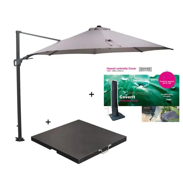 Hawaii zweefparasol Ø350 cm donker grijs/zand met 90 kg parasolvoet en parasolhoes