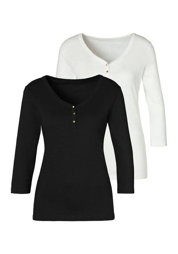 Vivance Shirt met 3/4-mouwen met knoopsluiting en goudkleurige knopen (Set van 2)