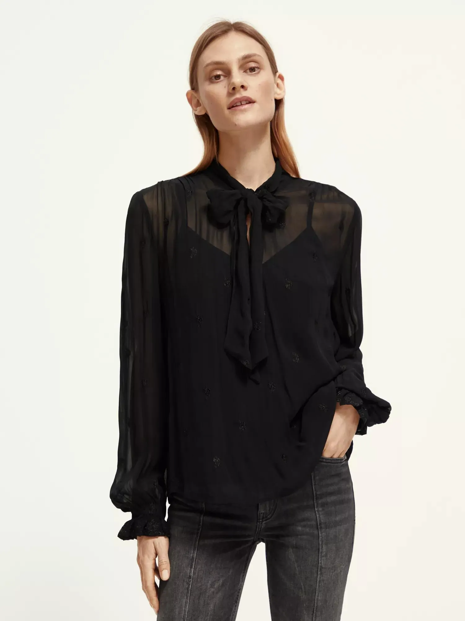 Embroidered neck-tie blouse