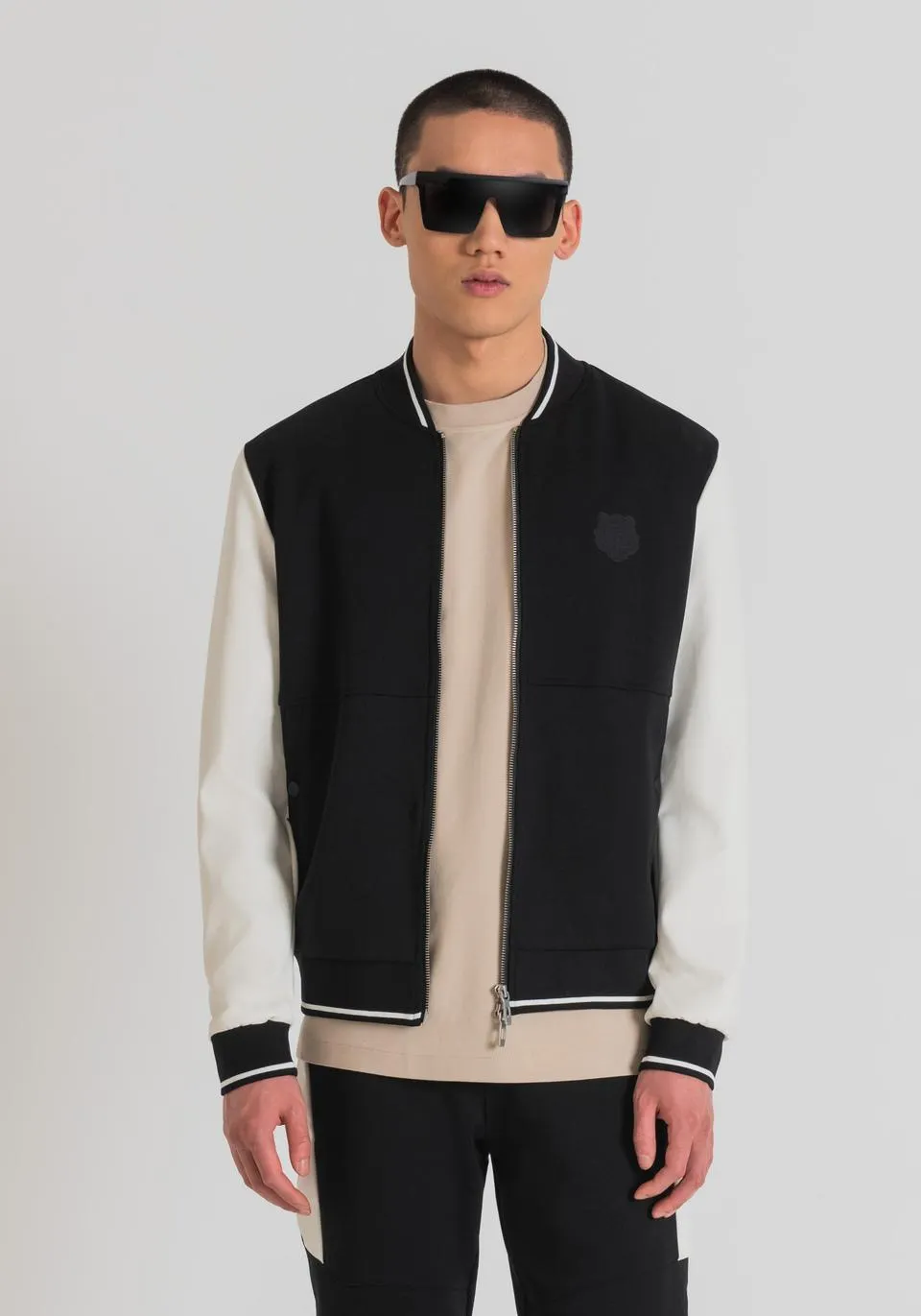 REGULAR FIT SWEATSHIRT IN COTTON BLEND AND FAUX LEATHER WITH RUBBERISED PRINT