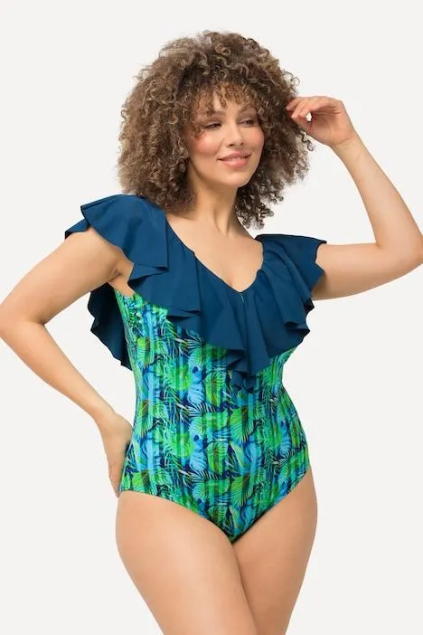 Badpak, bloemen, strepen, zachte cups, volants