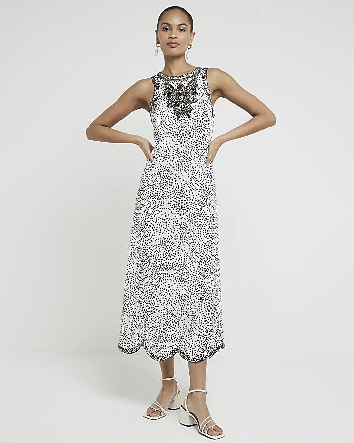 Cream spot embroidered slip midi dress