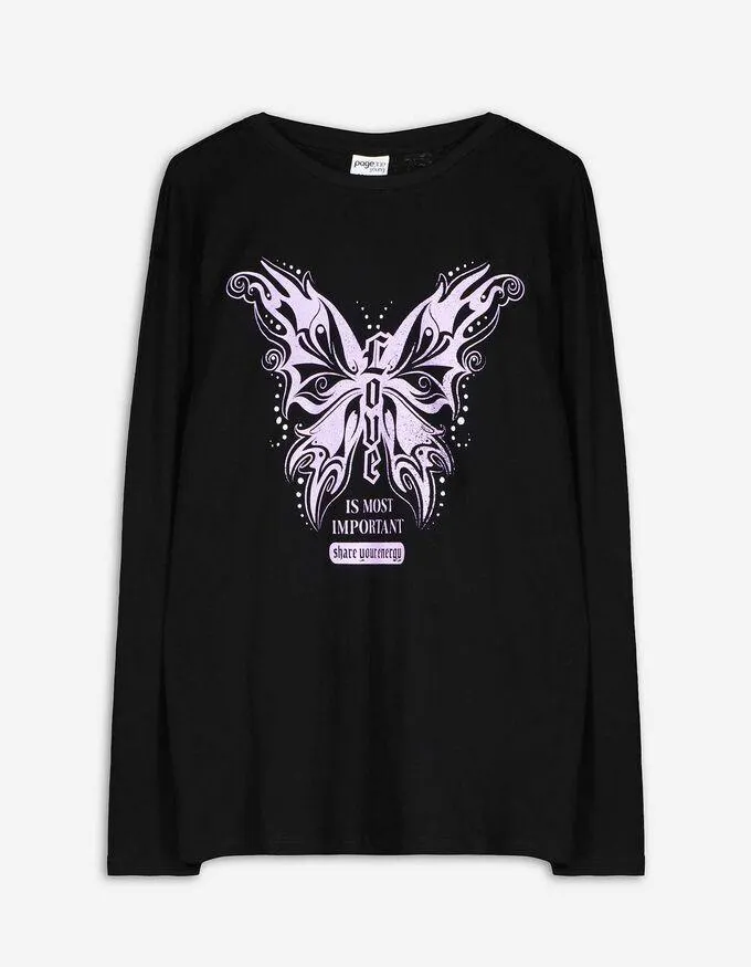 Tričko s dlouhým rukávem - Třpytivý potisk - cerná