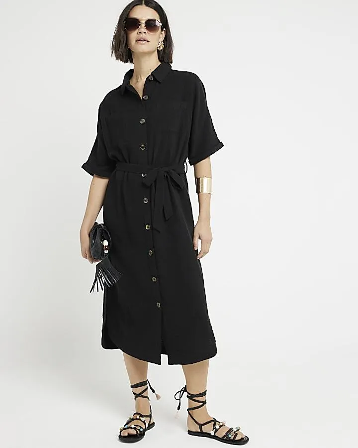 Black textured belted midi shirt dress