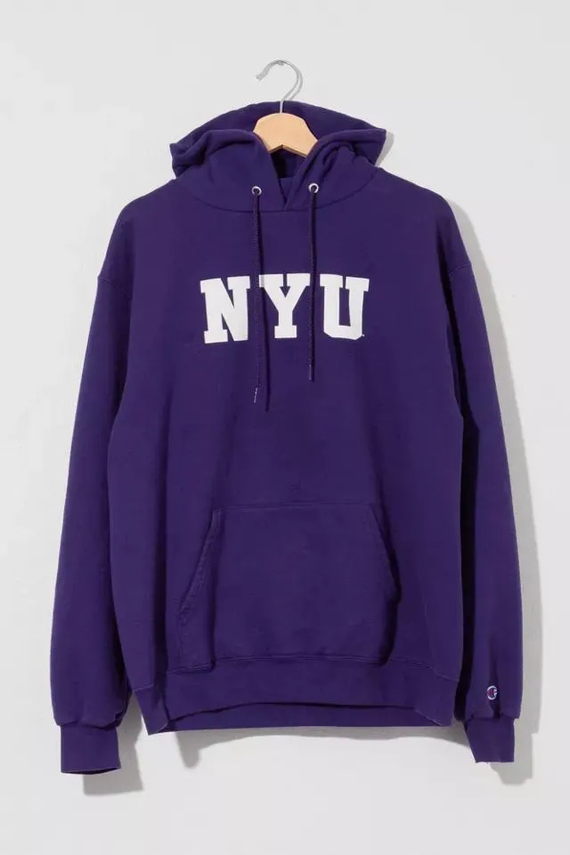 Vintage Y2K Distressed Champion NYU Purple Spell Out Hoodie Sweatshirt