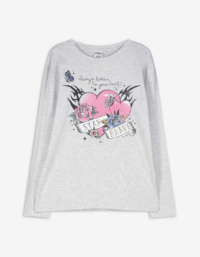 Tričko s dlouhým rukávem - Třpytivý potisk - svetle šedá