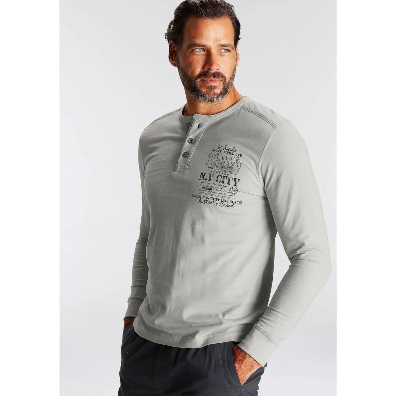 Man's World Henleyshirt Langarm, met casual print, ronde hals met knopenrij