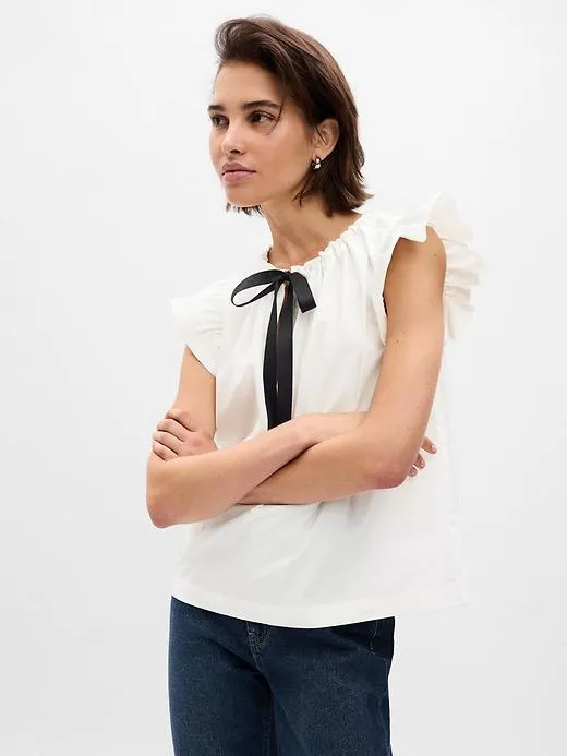 Flutter Sleeve Tie-Neck Shirt