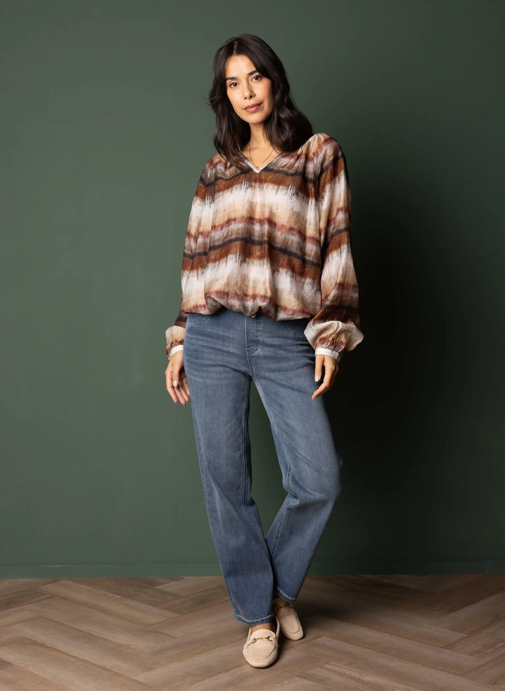 Bruin/ecru blouse met streeppatroon