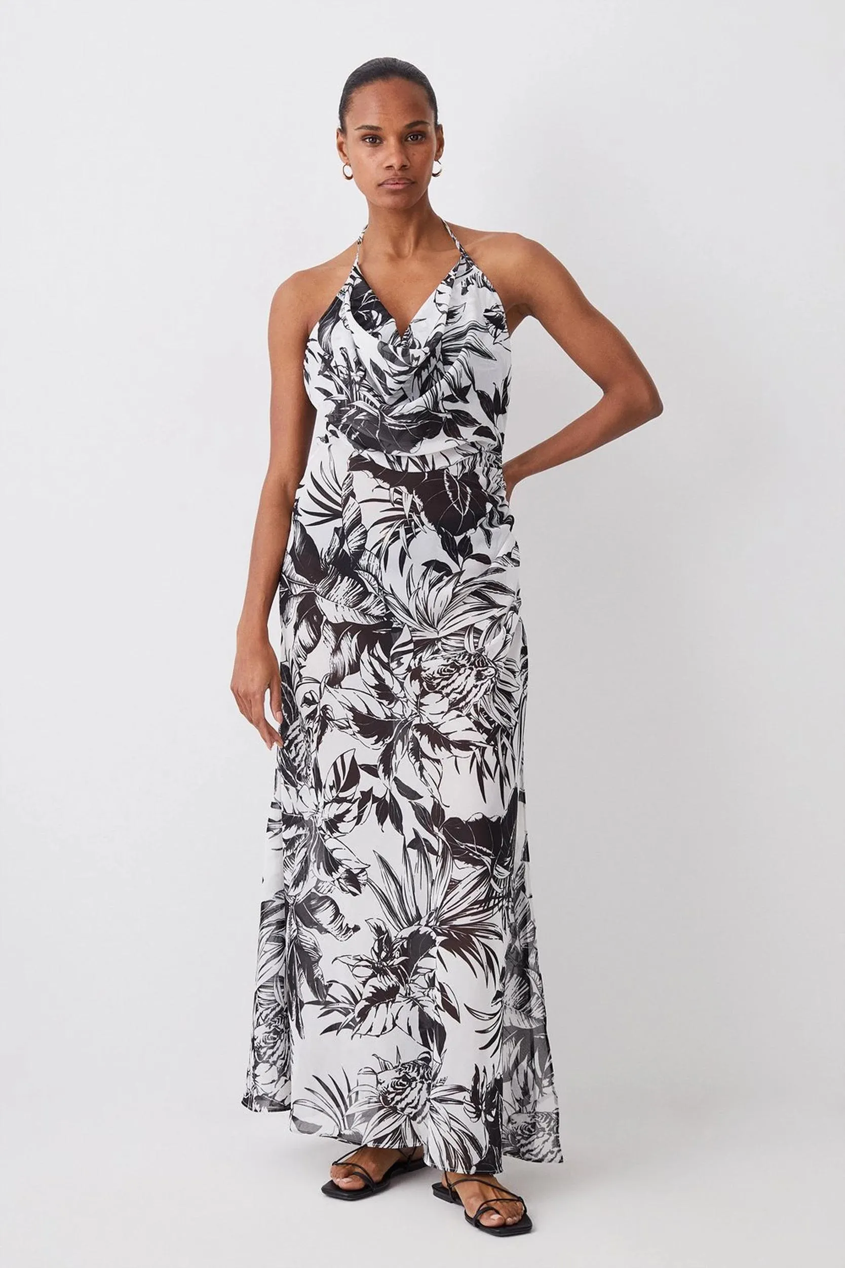 Beach Mono Floral Halterneck Sheer Maxi Dress