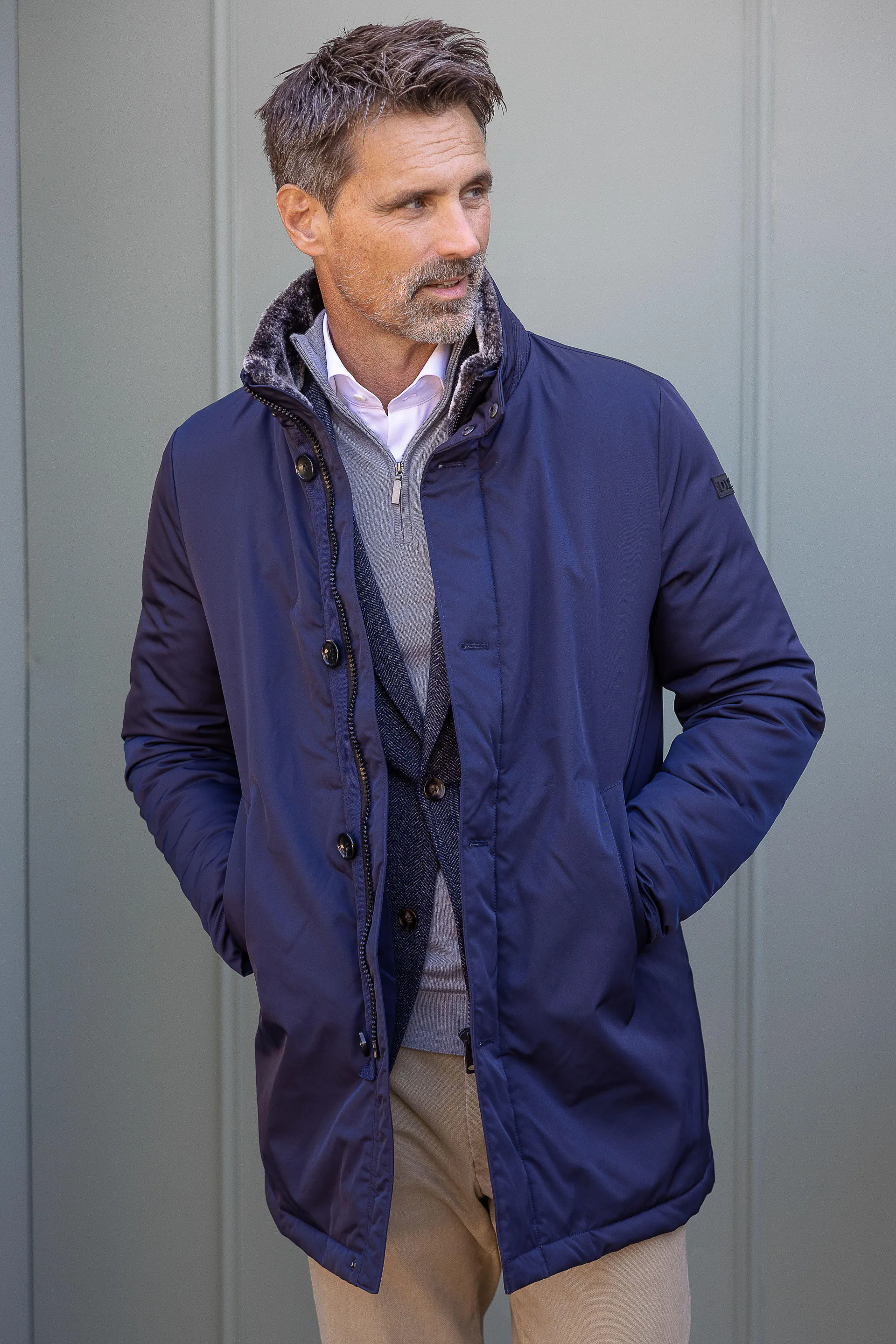 regenjas met afneembare fake fur kraag blauw