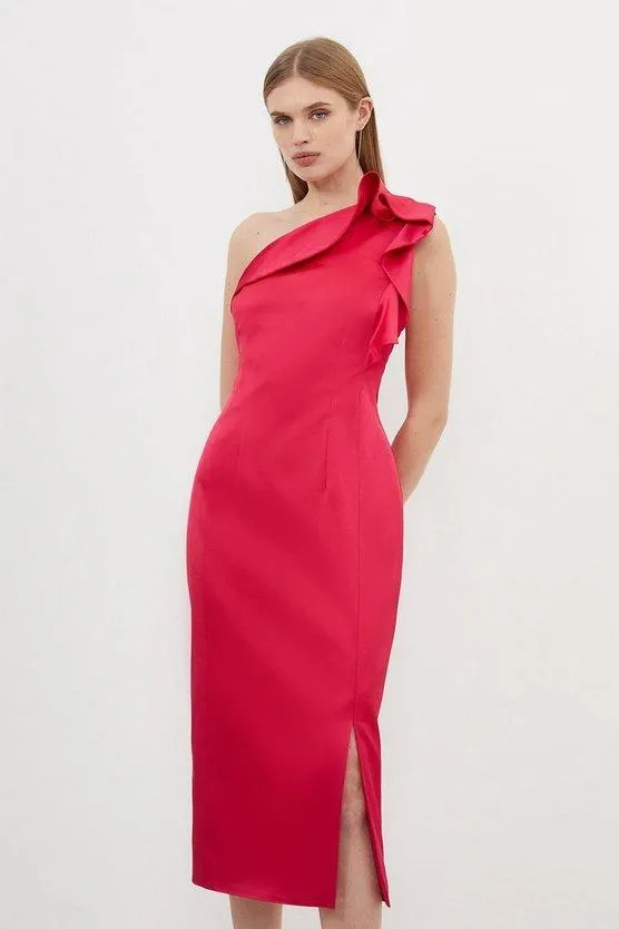 Italian Structured Satin Ruffle Midi Dress
