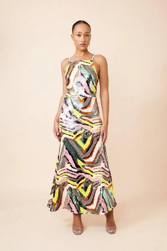 Abstract Sequin Embellished Woven Strappy Midi Dress
