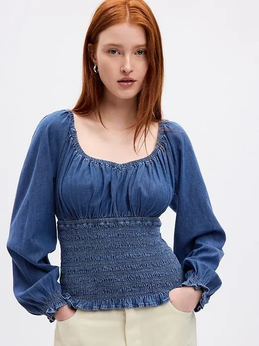 Puff Sleeve Smocked Denim Top