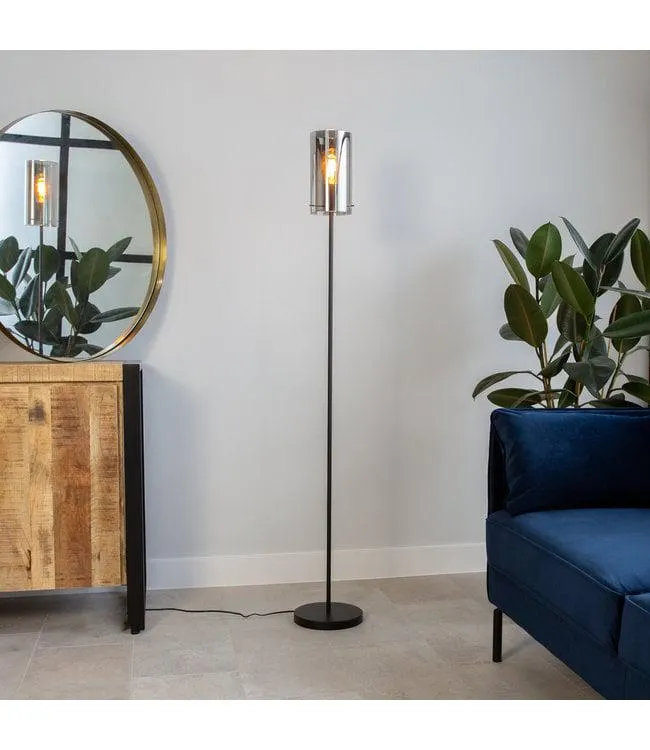 Industriële vloerlamp Hugo smokey glas