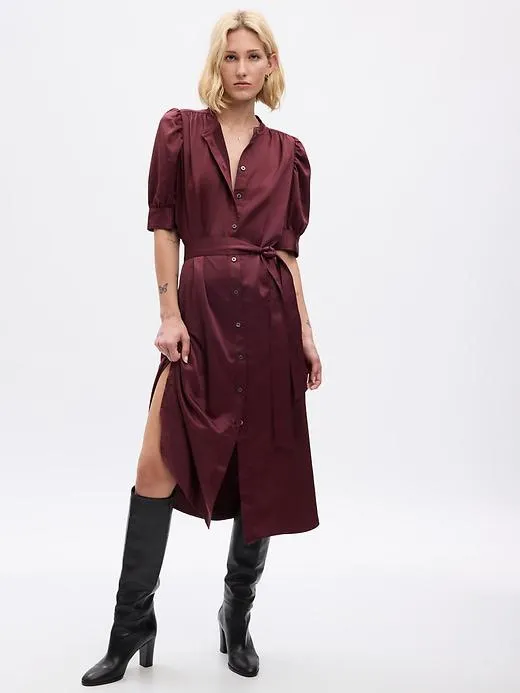 Puff Sleeve Satin Midi Shirtdress