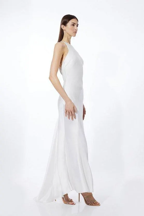 Petite Heavy Satin Diamante Detail Halter Maxi Dress