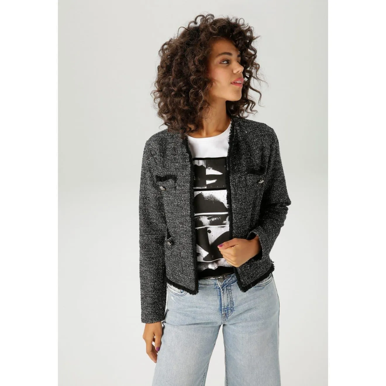 Aniston CASUAL Korte blazer van gemêleerd bouclé-jacquard met glansdraden - nieuwe collectie