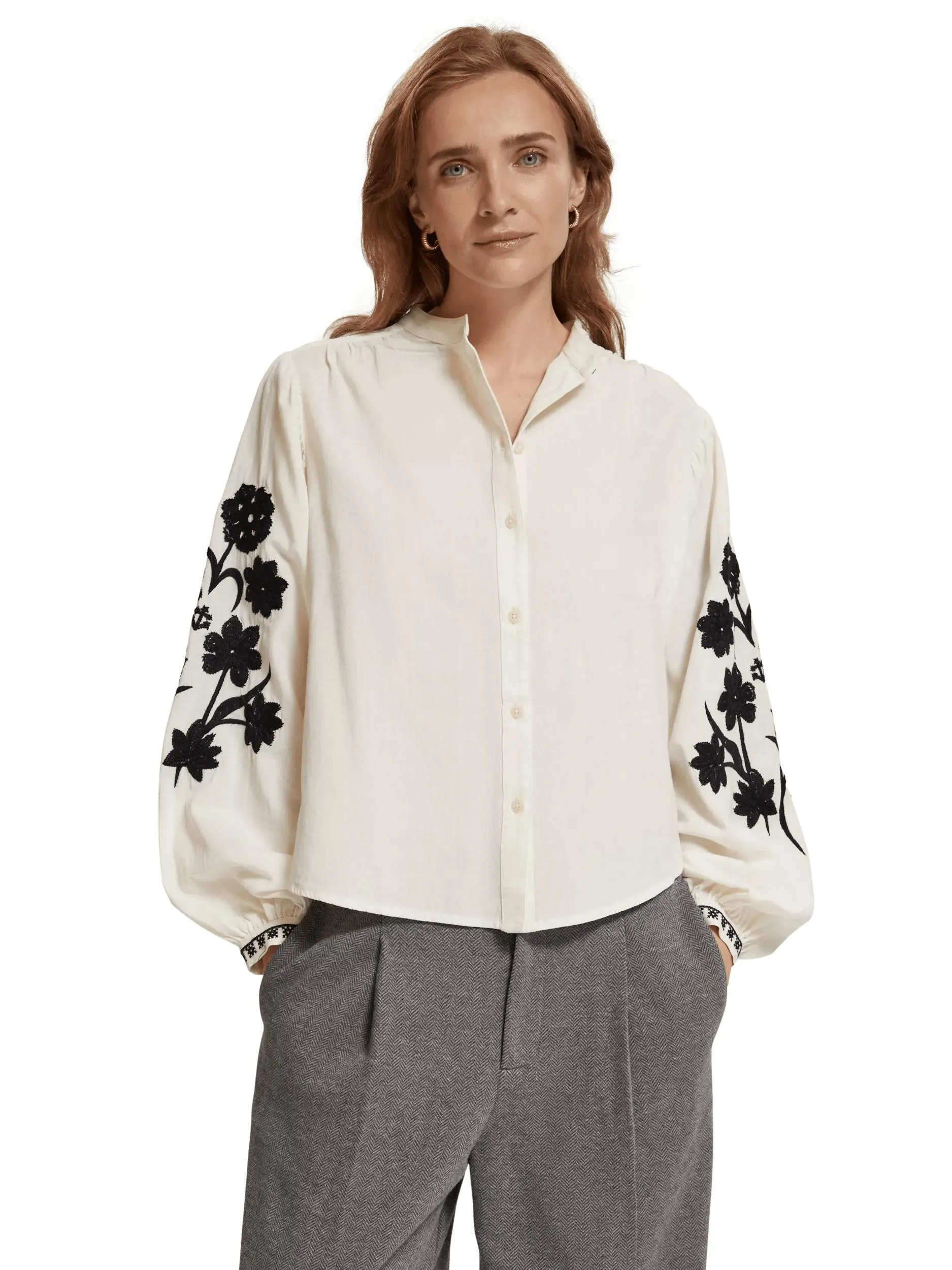 Embroidered balloon-sleeved shirt