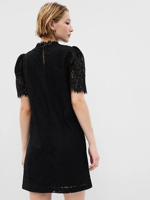 Puff Sleeve Ruffle Neck Lace Mini Dress