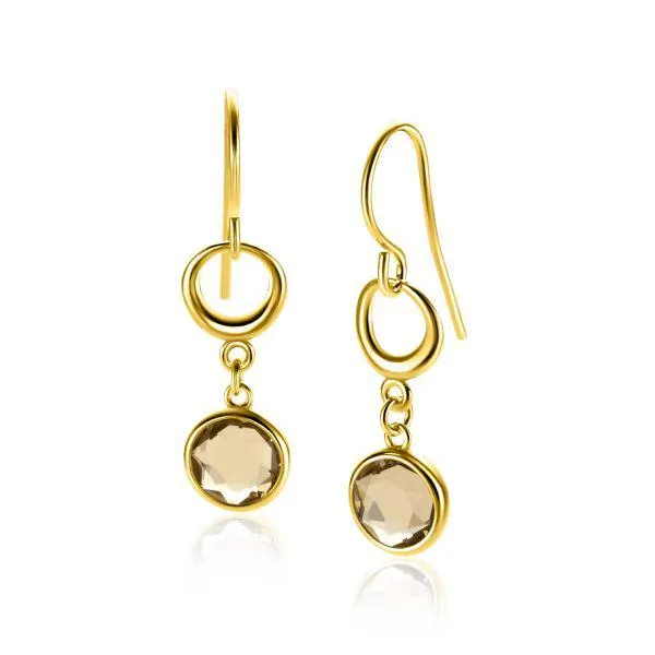 34mm ZINZI gold plated zilveren oorhangers met een ovale open vorm en ronde zetting bezet met champagne bruine kleursteen ZIO-BF91