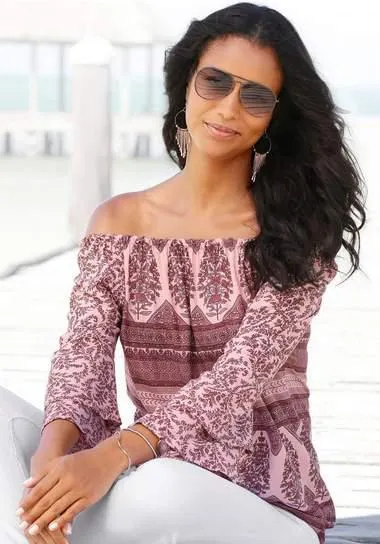 Lascana Blouse met carmenhals met print all-over