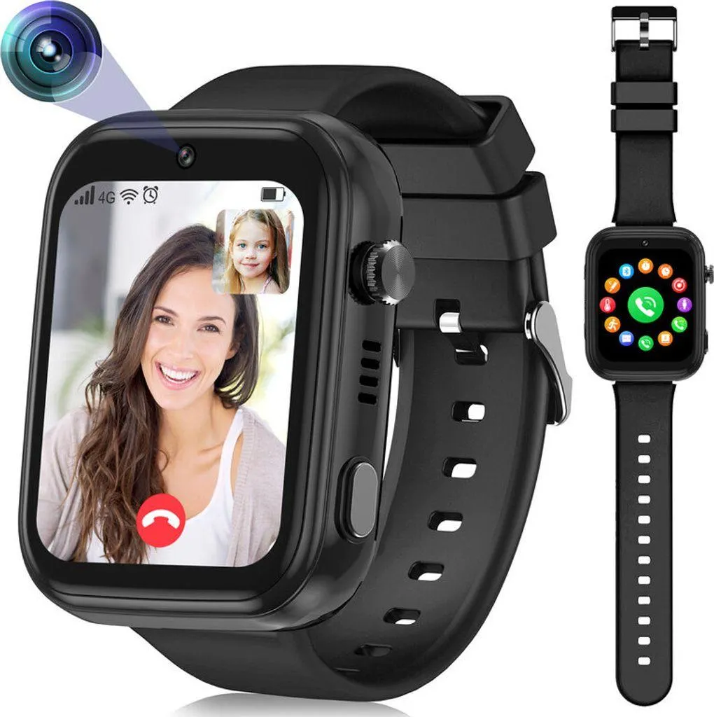(Schwarz)Kinder-Smartwatch 4G mit GPS und Telefon, Smartwatch Kinder mit WLAN-Videoanruf-Kamera SOS, IP67 Wasserdichte Kinder-Smartwatch mit GPS-Echtzeitortung, Musik-Video-Player, Alarm