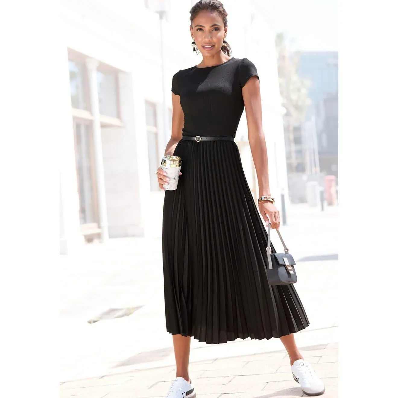 Lascana Midi-jurk met plissé rokdeel, basic, modieus