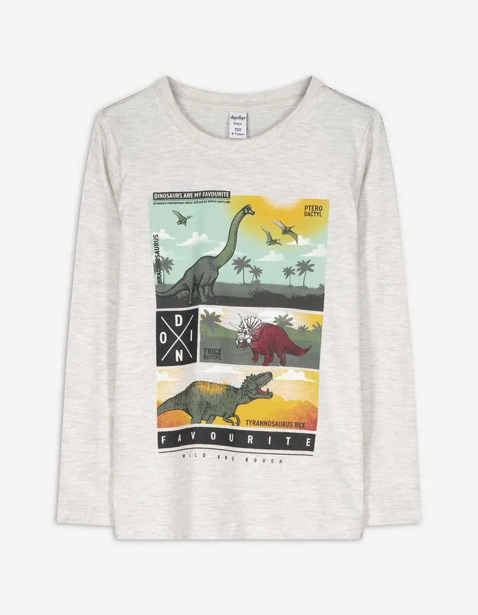Tričko s dlouhým rukávem - Dinosauři - béžová
