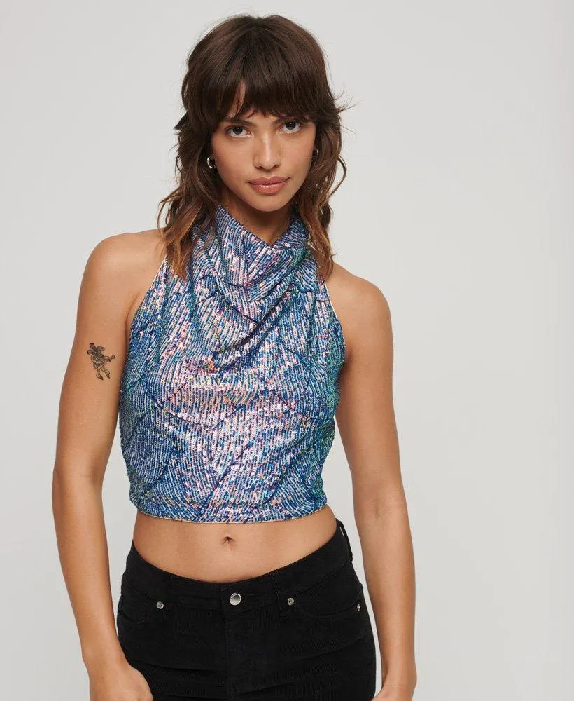 Haltertop met col en lovertjes