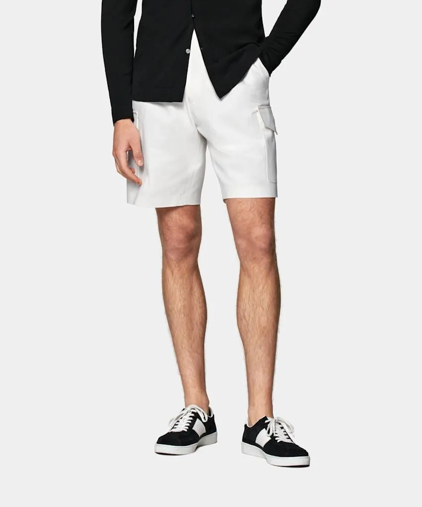 White Herringbone Slim Leg Shorts