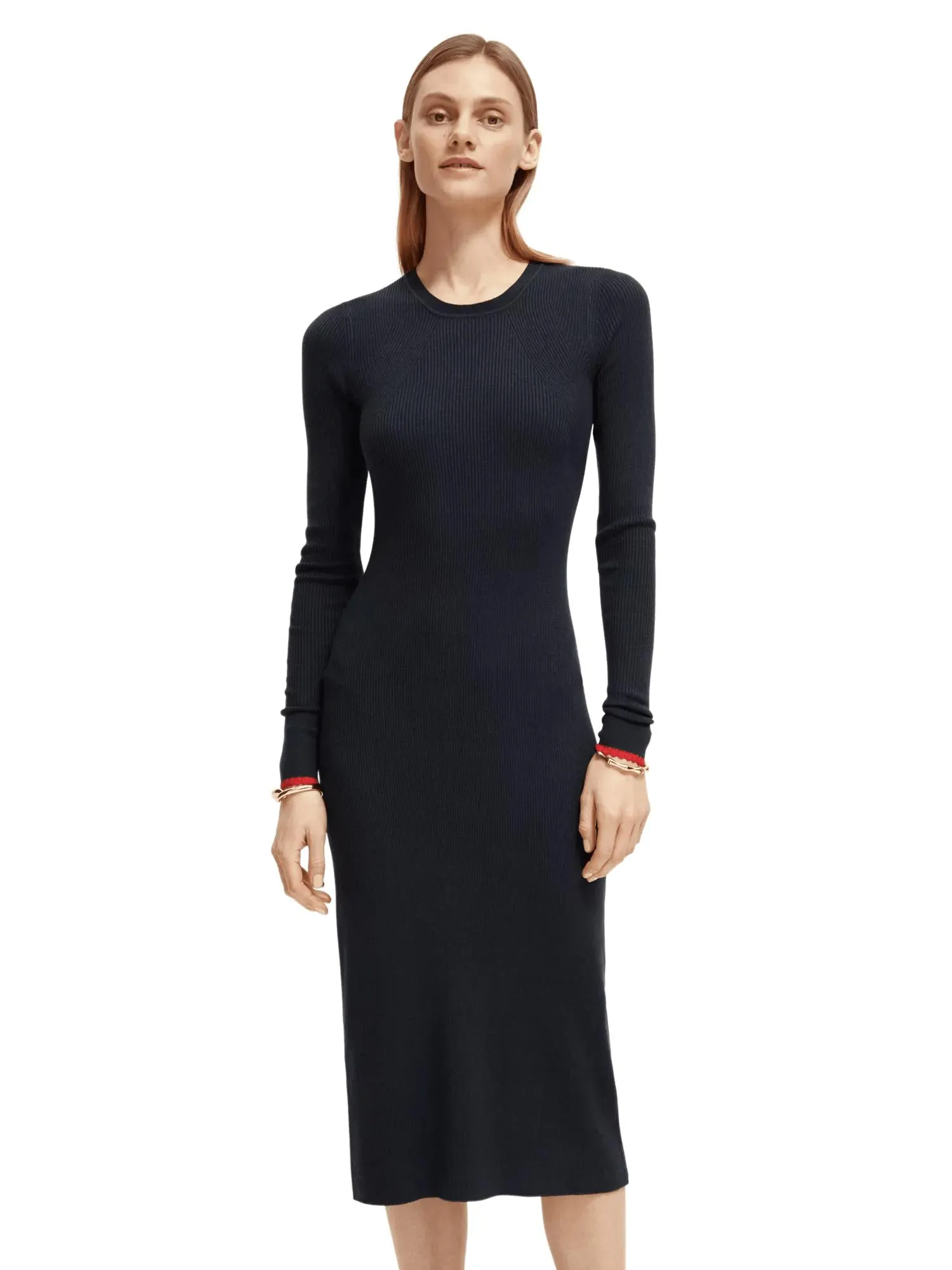 Long-sleeved rib knitted midi dress