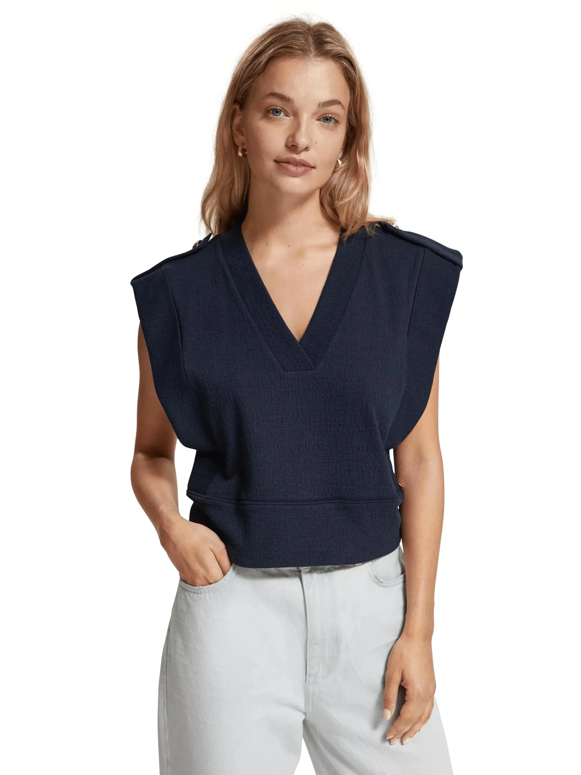 Sleeveless V-neck top with shoulder details