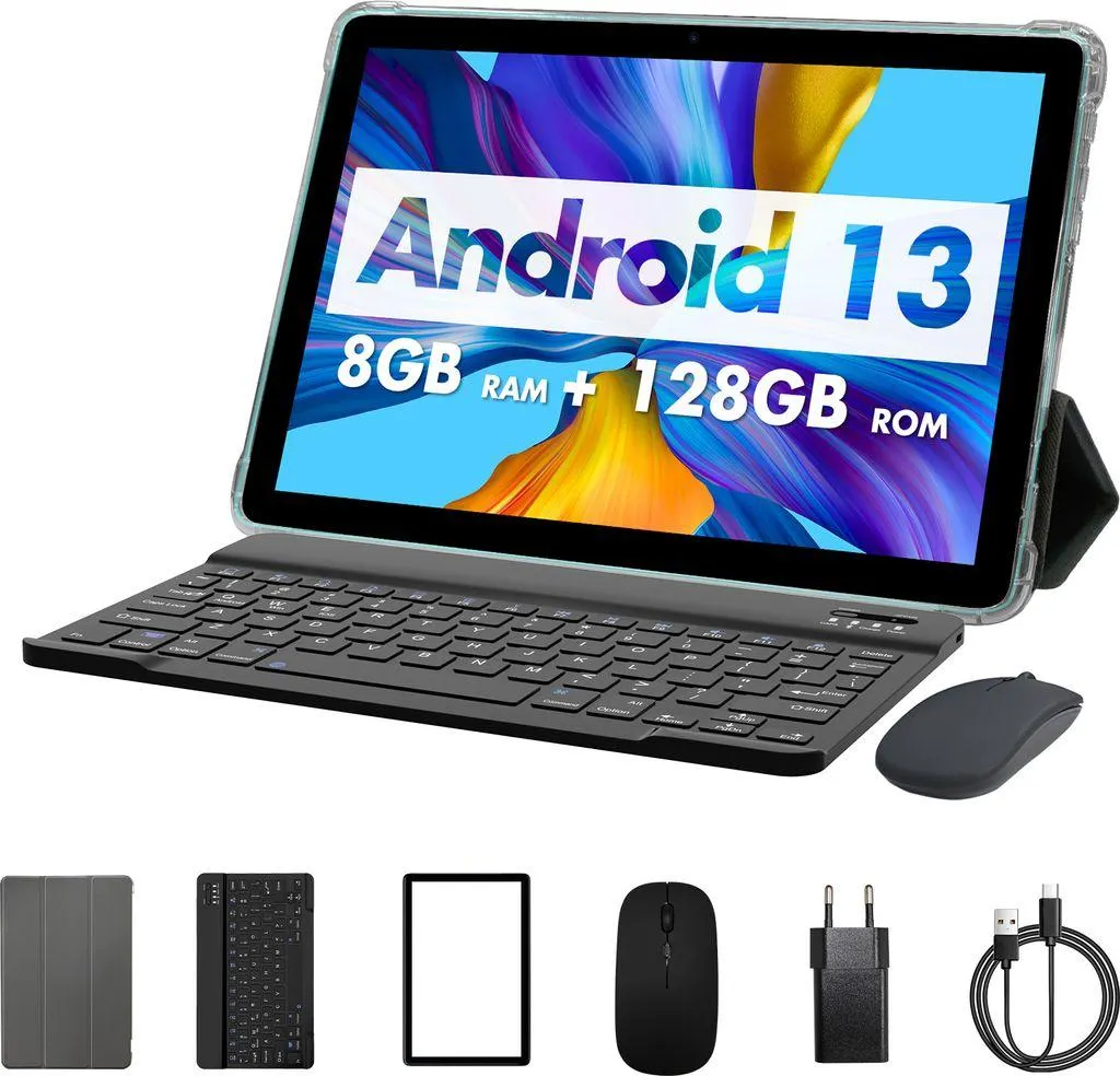 PRITOM Android 13 Tablet 10 Zoll, 8 GB (4+4 erweiterbar) RAM + 128 GB ROM, Octa-Core-Prozessor, Unterstützung 5G WiFi, mit Tastatur, Maus, Hülle