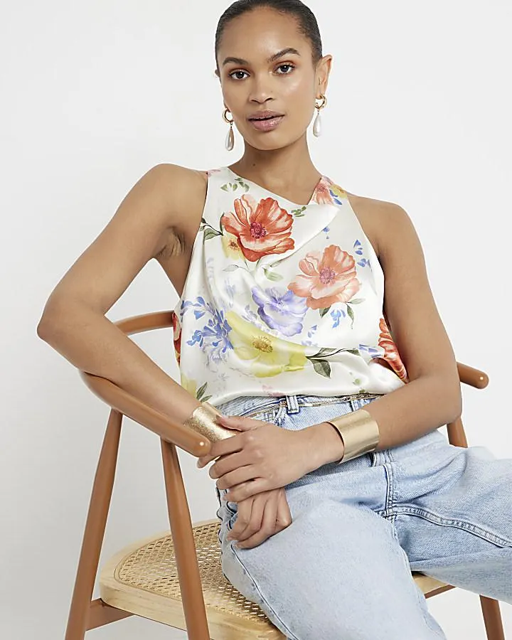 White satin floral halter neck top