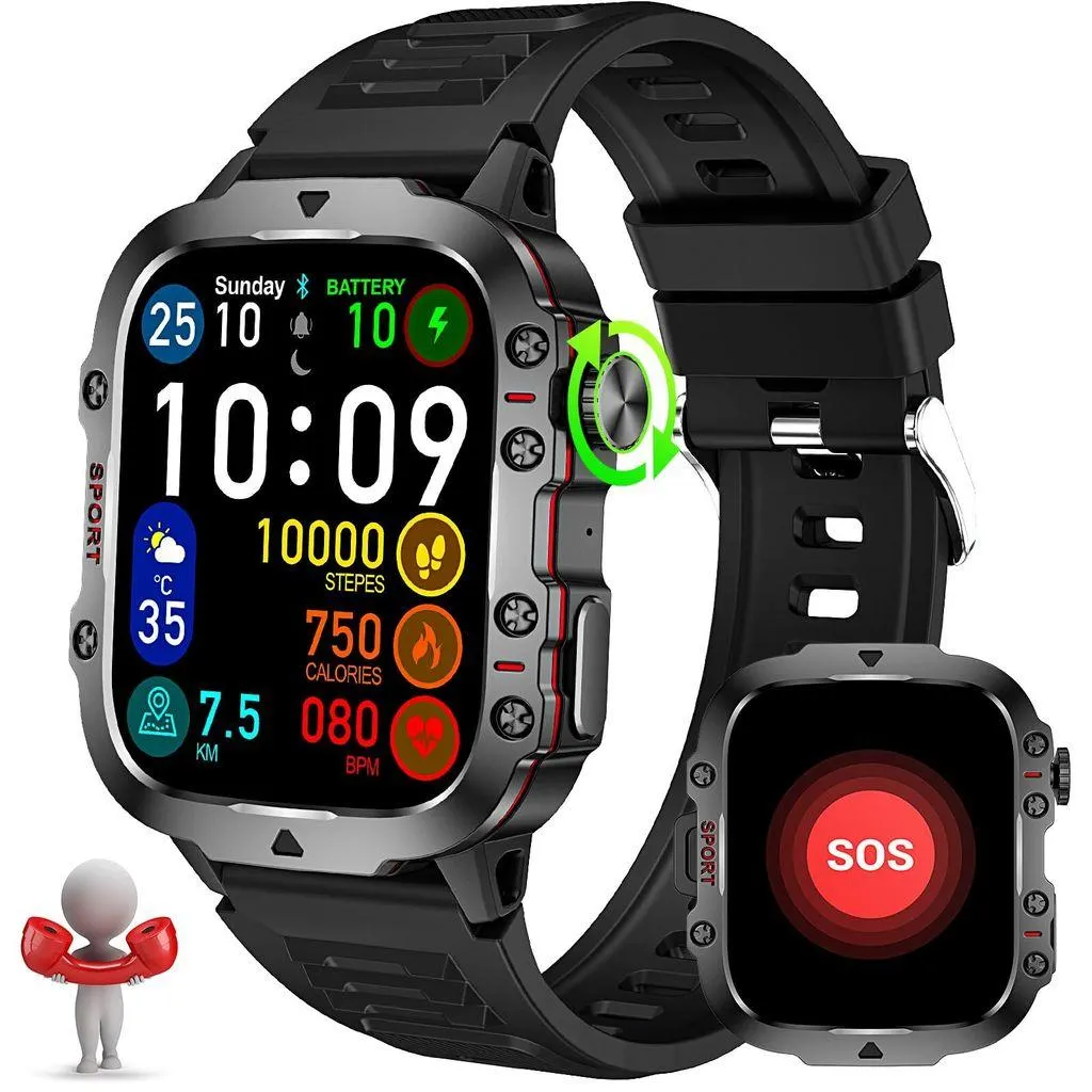 Intelligente wasserdichte Outdoor-Sportuhr für Herren, 1,95 Zoll großer Bildschirm, Smartwatches Herzfrequenzüberwachung/Blutsauerstoffsättigung