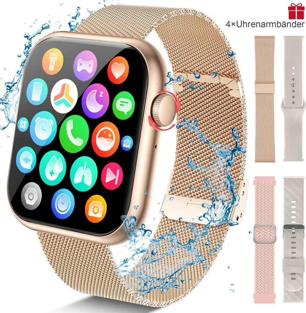 Smartwatch Damen Herren,1,96 "HD Fitness Tracker Uhr mit Telefonfunktion 100+Sportmodi,Herzfrequenz,IP68 Wasserdicht für Android iOS 4 Armbändern