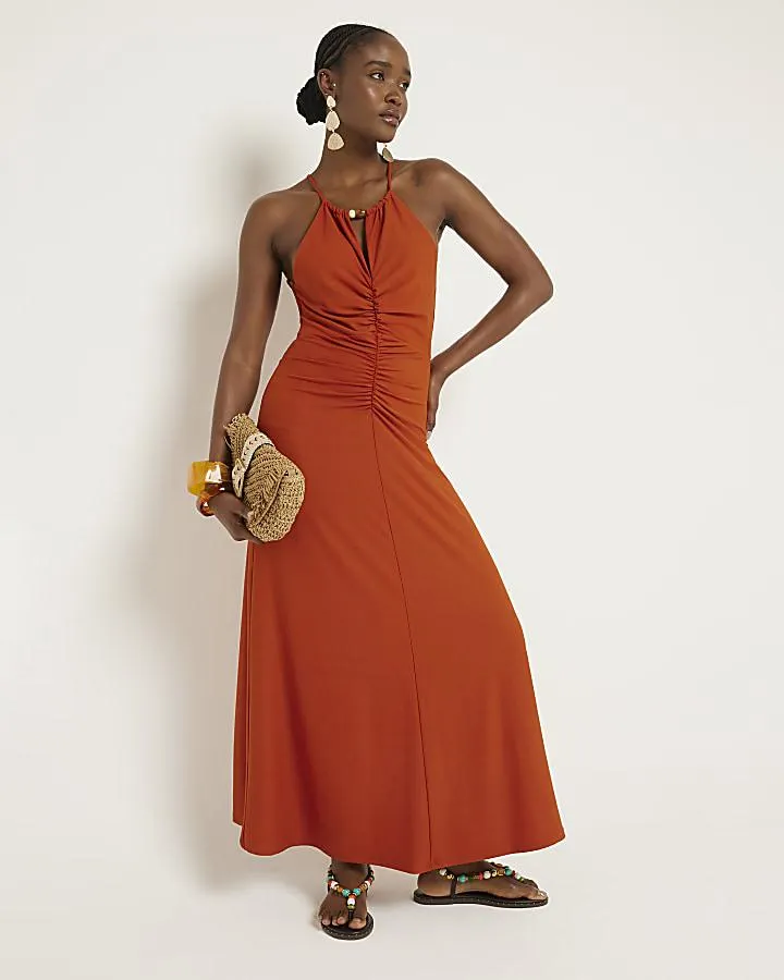 Rust ruched halter neck bodycon maxi dress
