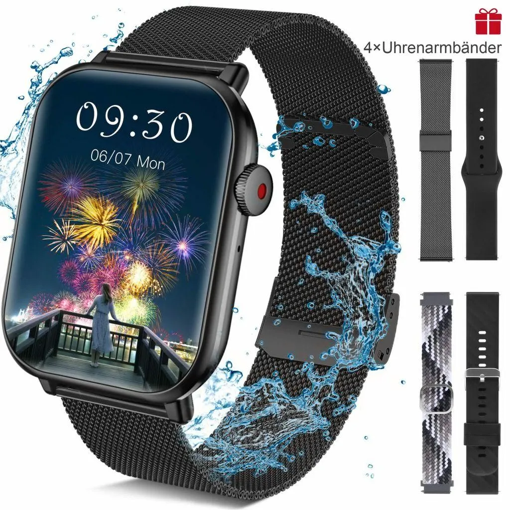 Smartwatch Damen Herren,1.96 "HD Fitness Tracker Uhr für Android iOS,IP67 Pulsmesser Schrittzähler Aktivitätstracker Schlafmonitor,4 Armbänder-Black