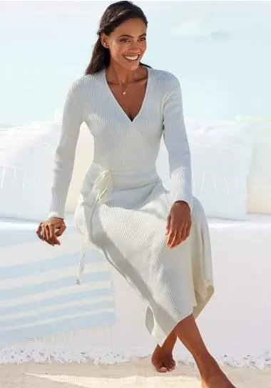 Lascana Gebreide jurk -Loungejurk Wikkeljurk met tailleband, loungewear