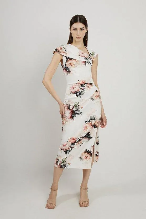Viscose Satin Back Crepe Peony Asymmetric Neck Midi Dress