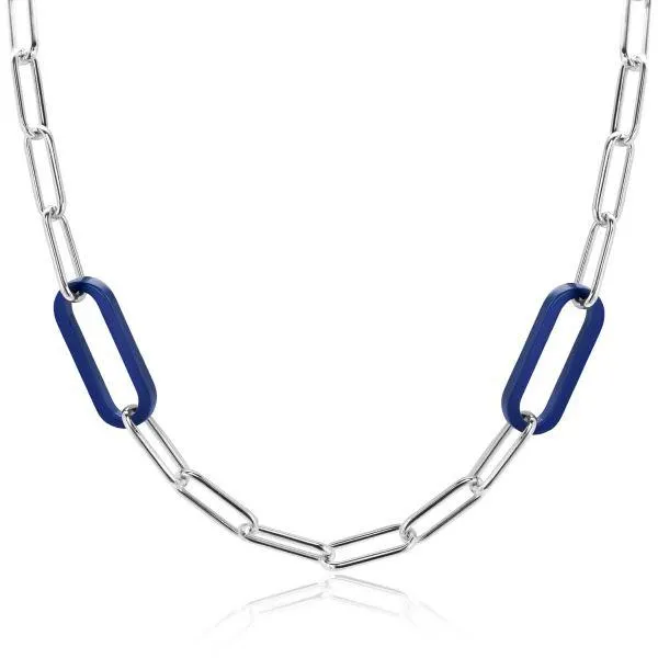 ZINZI zilveren luxe ketting 43cm met paperclip-schakels en twee grote trendy ovale schakels in lapis lazuli blauw ZIC-BF93