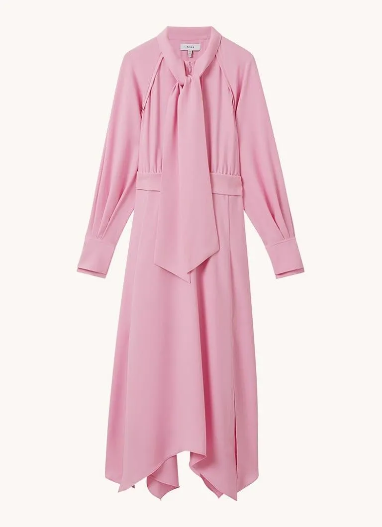 Erica midi jurk met sjaalkraag en strikceintuur