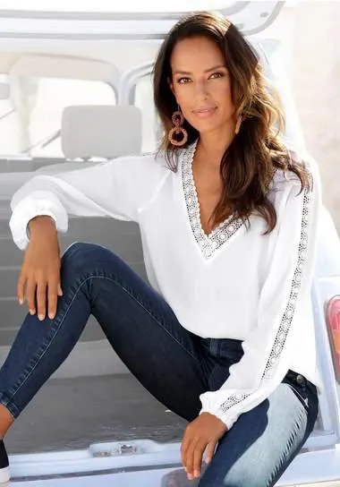 Vivance Gekreukte blouse met kanten inzetten